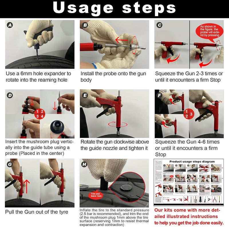Richcat Tubeless Tire Puncture Repair Kit with Mushroom Plug, Repairs punctures and Flat Tires for Motorcycles, Cars, Trucks, ATVs,Gun Puncture Repair Kit - Image 5